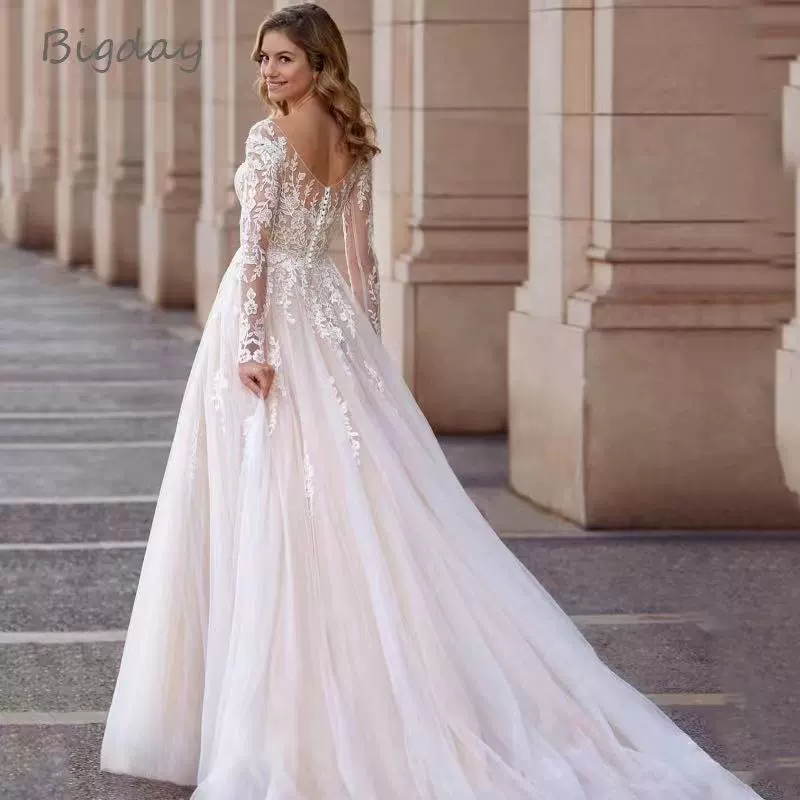 Свадебное платье, элитное, с длинным рукавом, импортное, Aliexpress, V-образный вырез, фатин