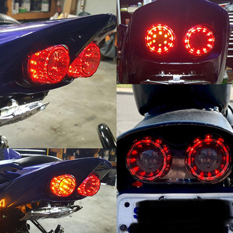 Motorcycle Modified Led Rear Tail Light Harley Retro Bike Dual Round Led License Plate Tail Light Brake Turn Signal Anti-Rear Collision