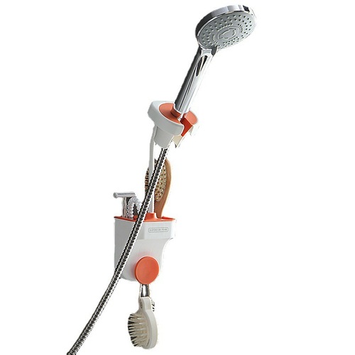 Hole-free rewindable hair dryer holder bathroom shower head with double compartment storage fixed base shower rack