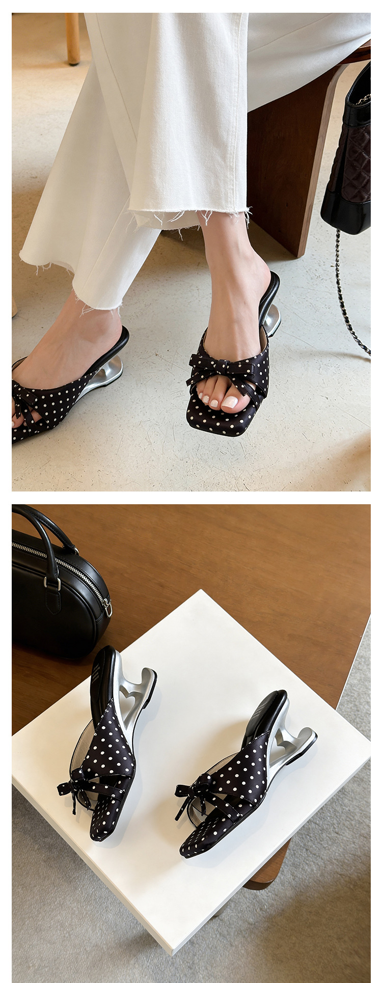 Sandal cao gót nữ mũi vuông hở ngón, đế xuồng chấm bi nơ bướm, gót 6 cm — màu đen, màu trắng ngà, màu mơ chi tiết 15