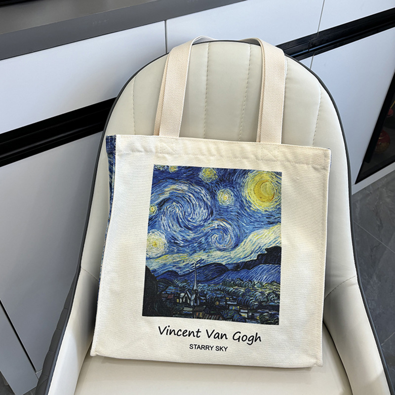 Van Gogh Starry Sky Oil Painting Canvas Bag Women's Design Sense Niche Zipper Computer Bag College Students School Bag Handbag