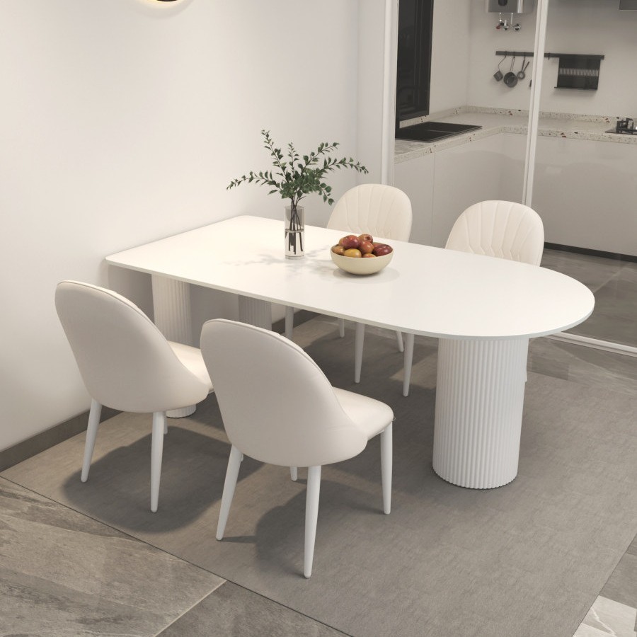Mesa de comedor de estilo francés de estilo crema, mesa de esquina redondeada rectangular, combinación de mesa de comedor y silla doméstica moderna y simple