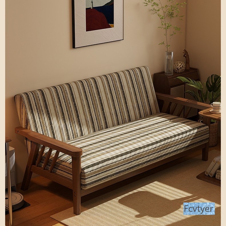 Retro Style Solid Wood Double Sofa, Antique Style Small Apartment Living Room, Apartment, Bed and Breakfast, Cotton and Linen Fabric Straight Row Small Sofa