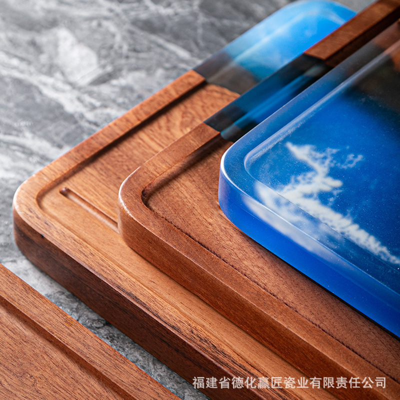 Resina transfronteriza de estilo japonés Nogal Negro placa de madera maciza olla bandeja de té mesa de burbujas secas placa de madera cuadrada larga