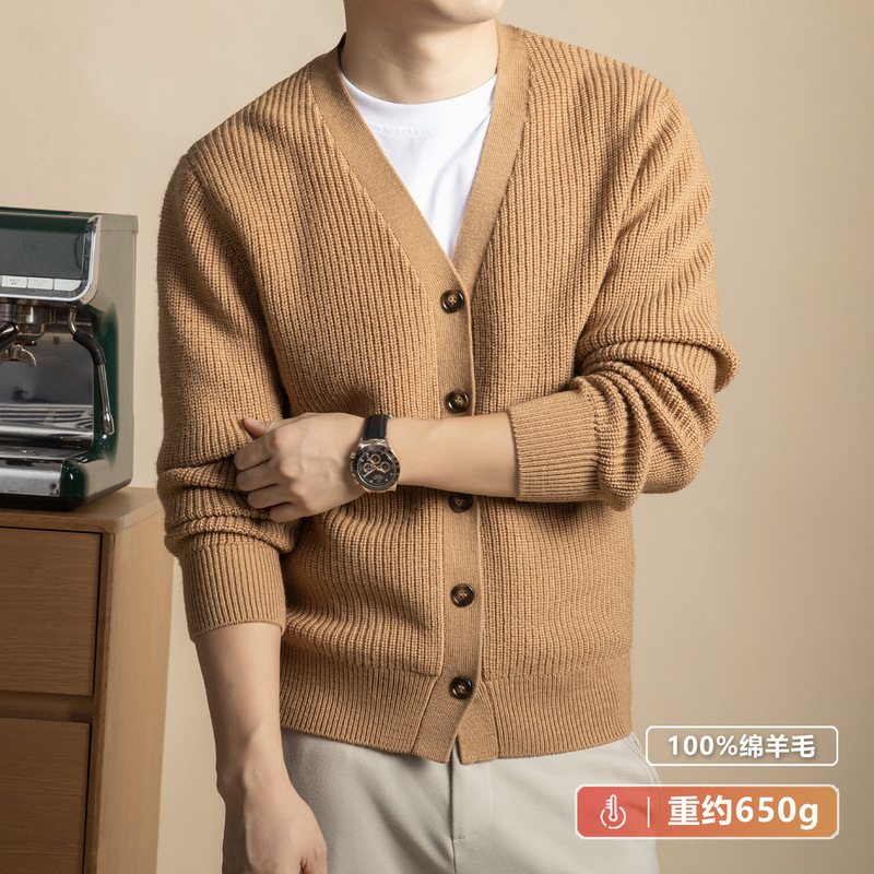 Men's Thickeneded Woolen Sweater Cardigan V Neck Middle-Aged Autumn and Winter Thick Woolen Heart Collar Super Thick Sweater Jacket for Men
