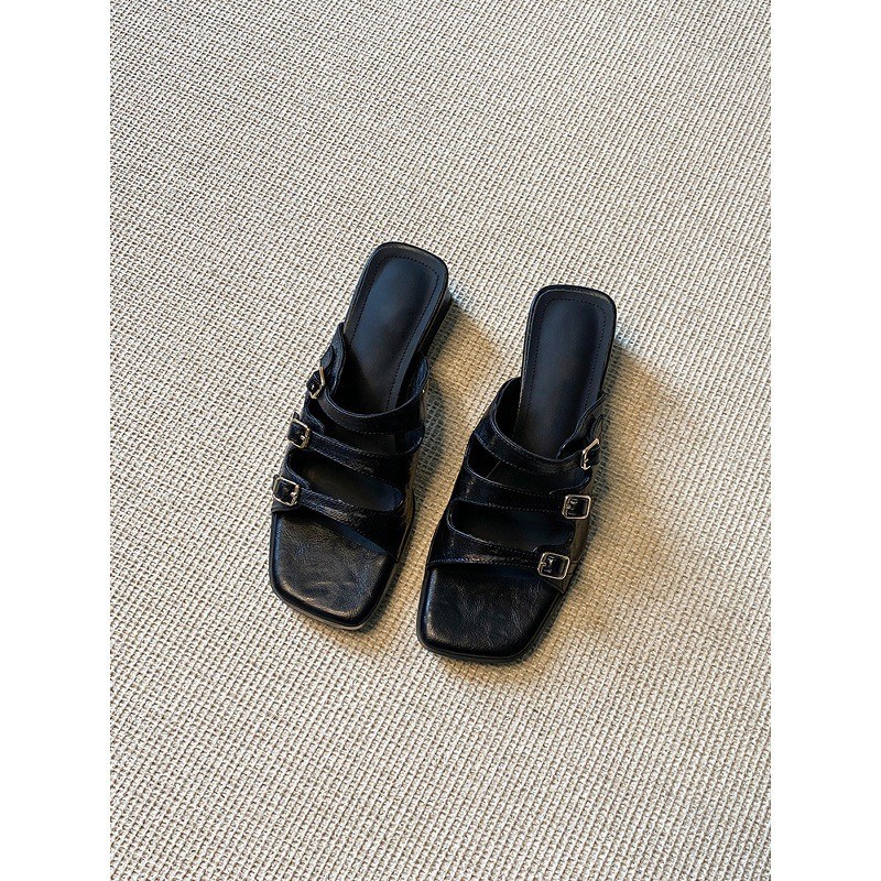 Vintage Square Toe One-strap Buckle Sandals For Women Black Heel_voghion.com