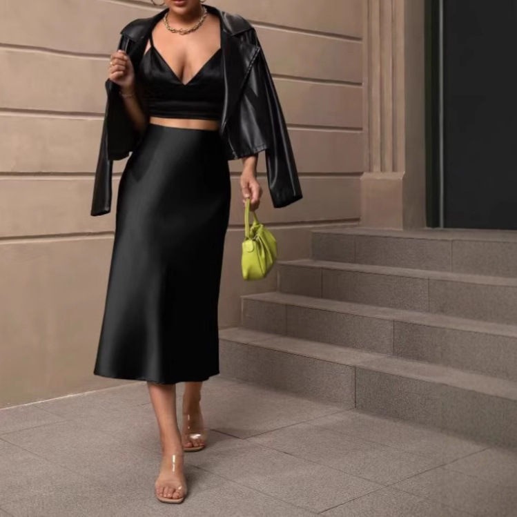Cross-Border European and American Elegant Style A-Line Satin Skirt 2024 Autumn and Winter New Pure Color A-Line Mid-Length Skirt Satin