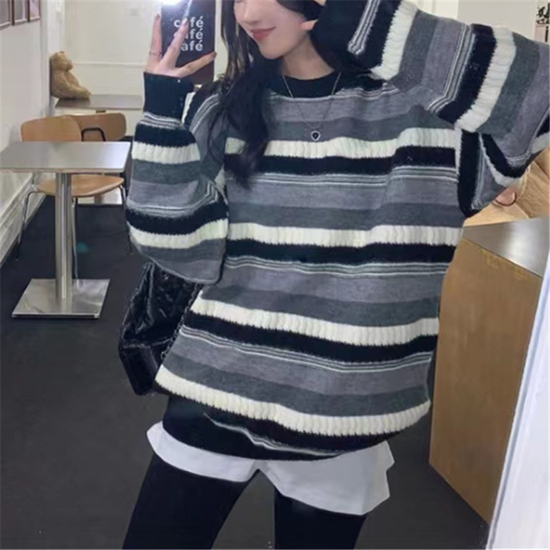 Suéter de rayas retro para mujer Otoño e Invierno 2023 Otoño e Invierno Nuevo estilo perezoso suelto desgaste exterior suéter engrosado image 5