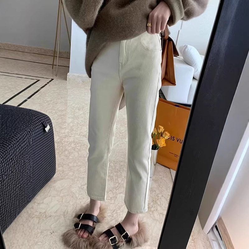 Off-White Straight-Leg Jeans for Women, 2025 Spring/Summer New Style, Petite Women's Apricot-Colored Pants