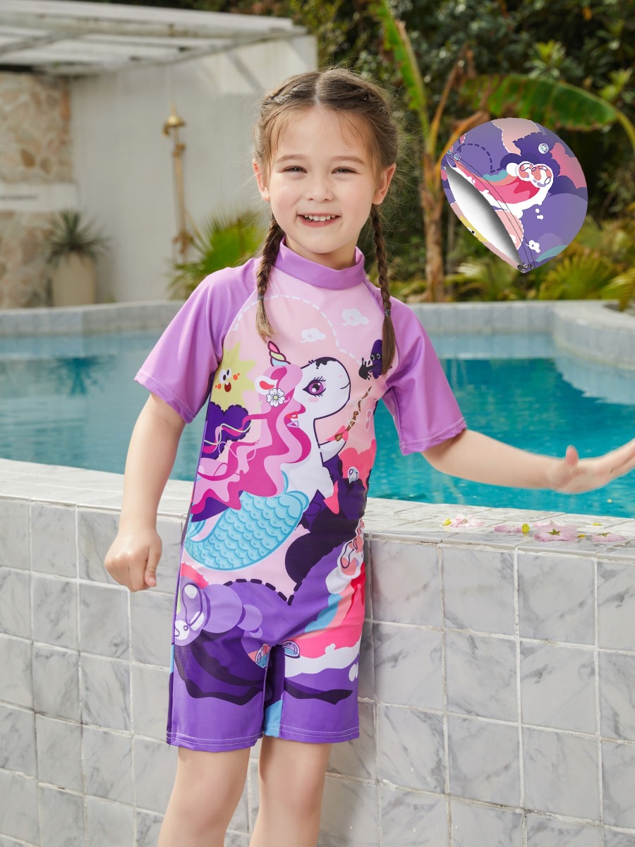 Comercio exterior del sudeste asiático traje de baño para niños niñas de dibujos animados de una pieza de manga corta protector solar para niñas ropa de viaje de secado rápido para niñas