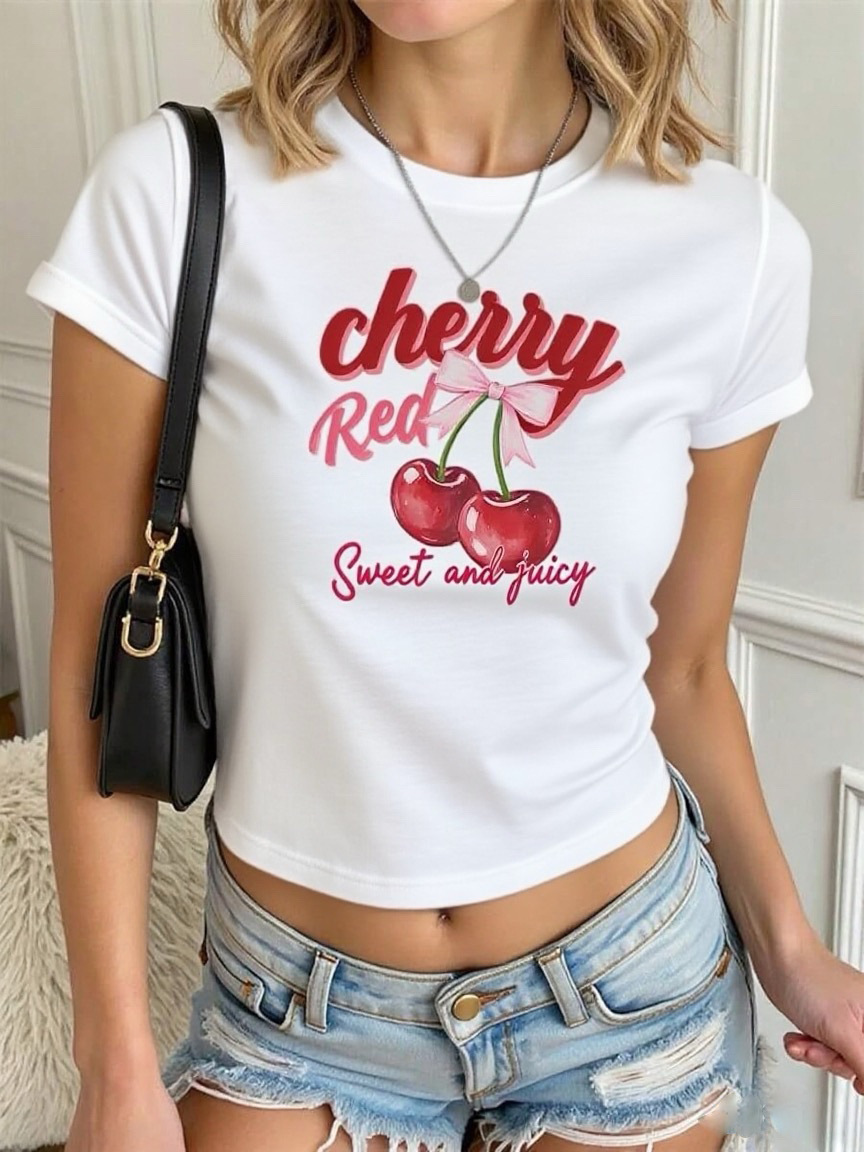 Y2k Cherry Print Crop Top For Women – Sweet & Sexy Short Sleeve T-Shirt, Stretchy Polyester (Xs-Xl) Confidence-Boosting Fit_ecoleips.com