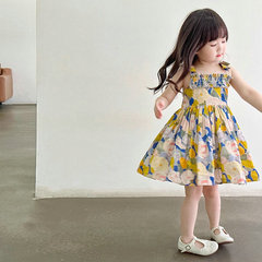 Girl's Elastic Flower Dress Princess Dress 2024 Summer New Arrival Wholesale Children's Clothing for 3-8 Years Old