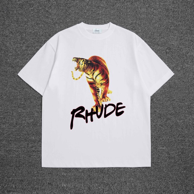 Summer American-Style Trendy Niche Short-Sleeve Rhude Tiger Retro Print High Street Loose Cotton T-Shirt Men's Fashion