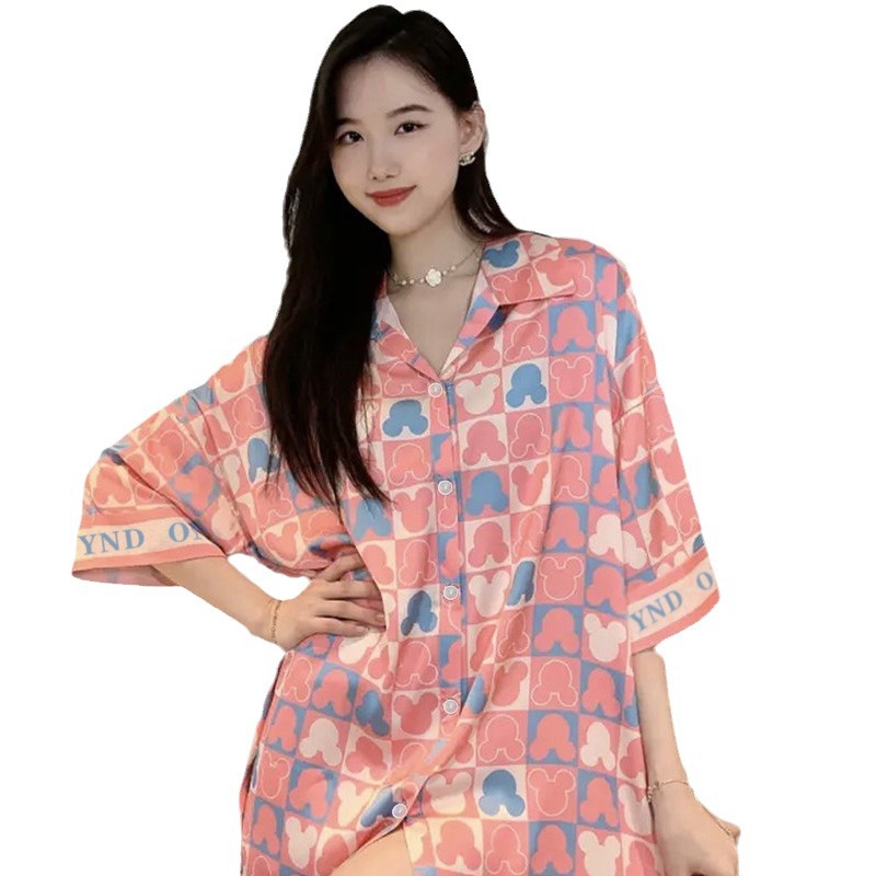 Pijamas de verano de mujer, falda de seda delgada y sexy, camisa simple, falda de pijama casera suelta, comercio exterior