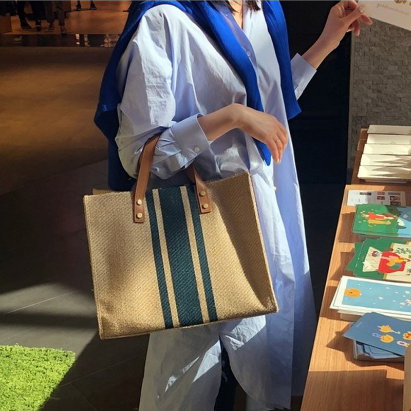 Korean women's hand-held briefcase professional commuting stripe simple one shoulder large bag ins large capacity canvas bag