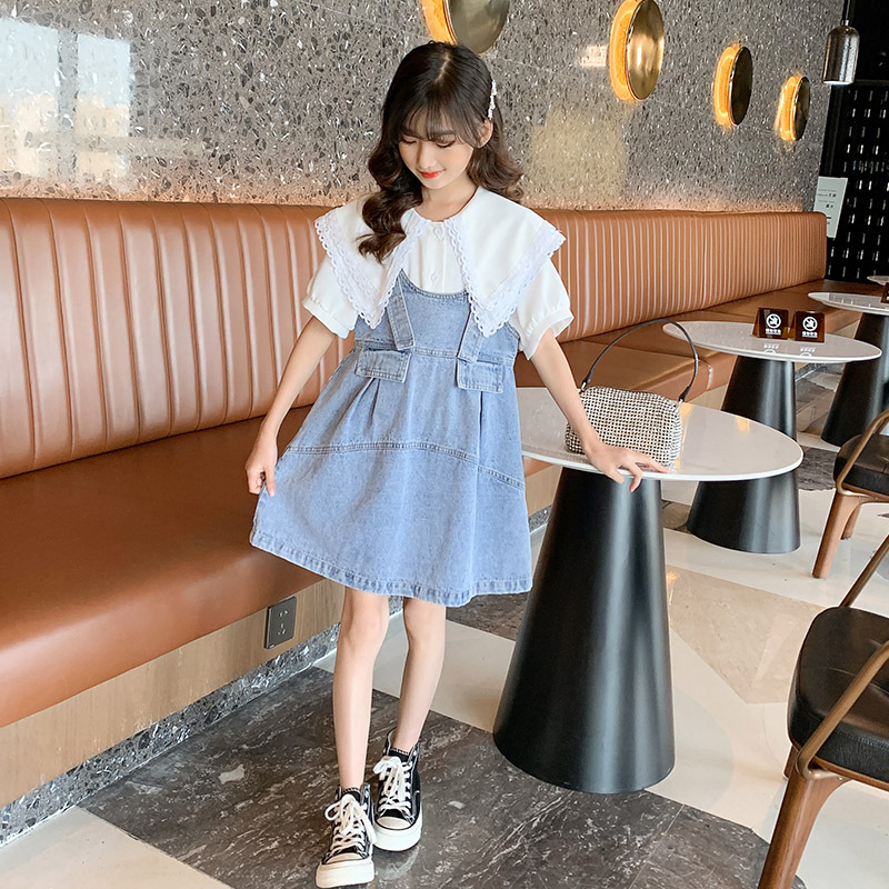 女童套装裙子夏季2021新款网红洋气儿童夏装大童短袖背带裙两件套