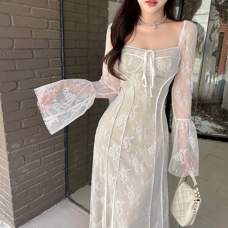 European and American Cross-border Sexy Spice Girl Lace Long-sleeved dress Pure Desire Slim-fit Backless Hip Fishtail Long Dress