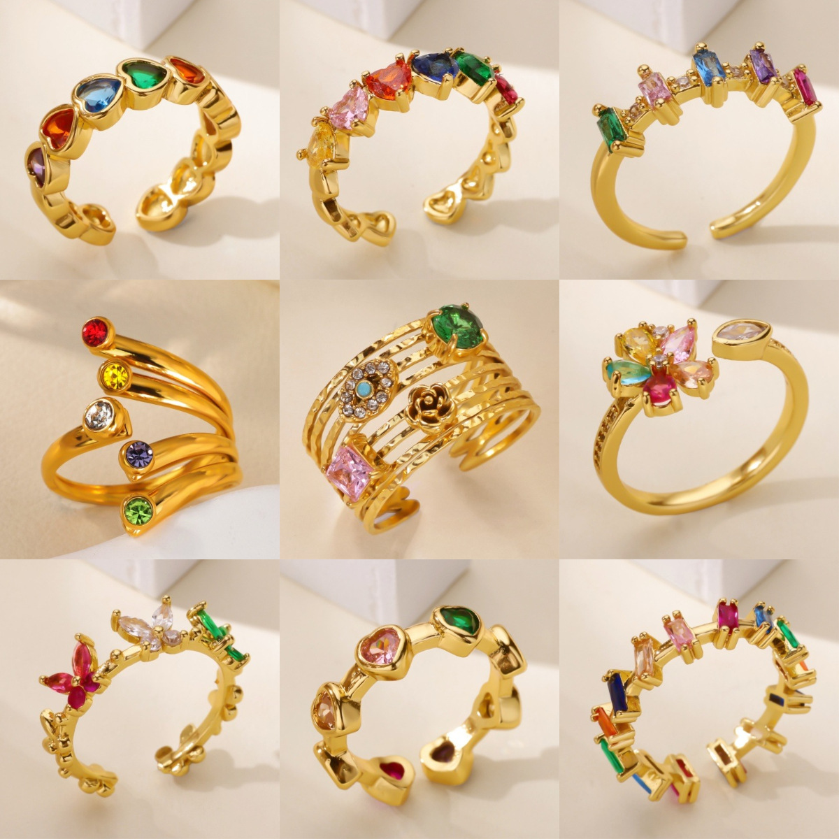 18K Gold Full Diamond Heart-Shaped Multi-Layer Colorful Zircon Open Ring, High-End Luxury Jewelry That Does Not Fade