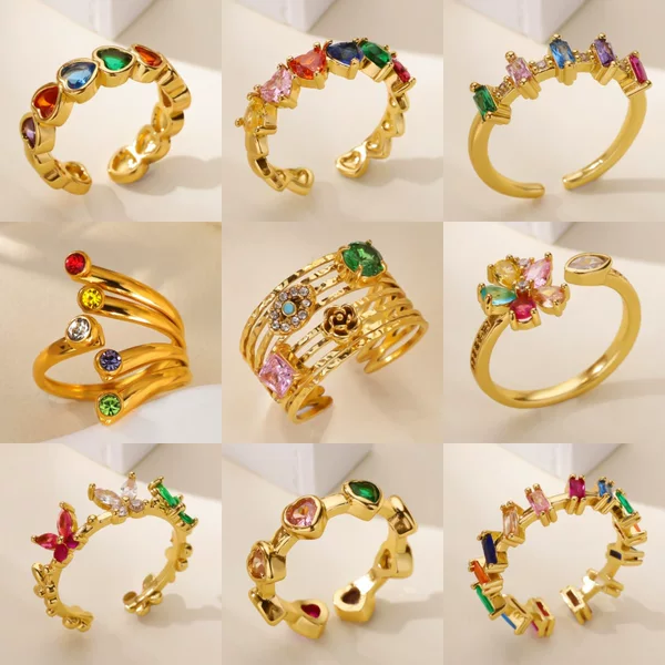 18K Gold Full Diamond Heart-Shaped Multi-Layer Colorful Zircon Open Ring, High-End Luxury Jewelry That Does Not Fade