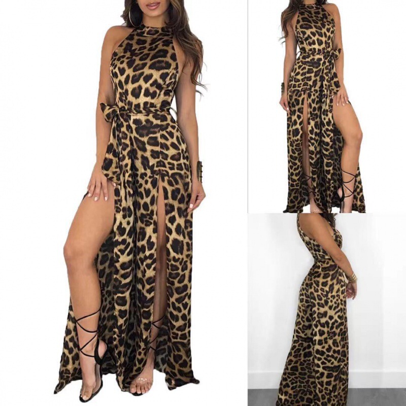 European station 2022 foreign trade AliExpress wish sexy summer leopard print sleeveless lace-up long split jumpsuit