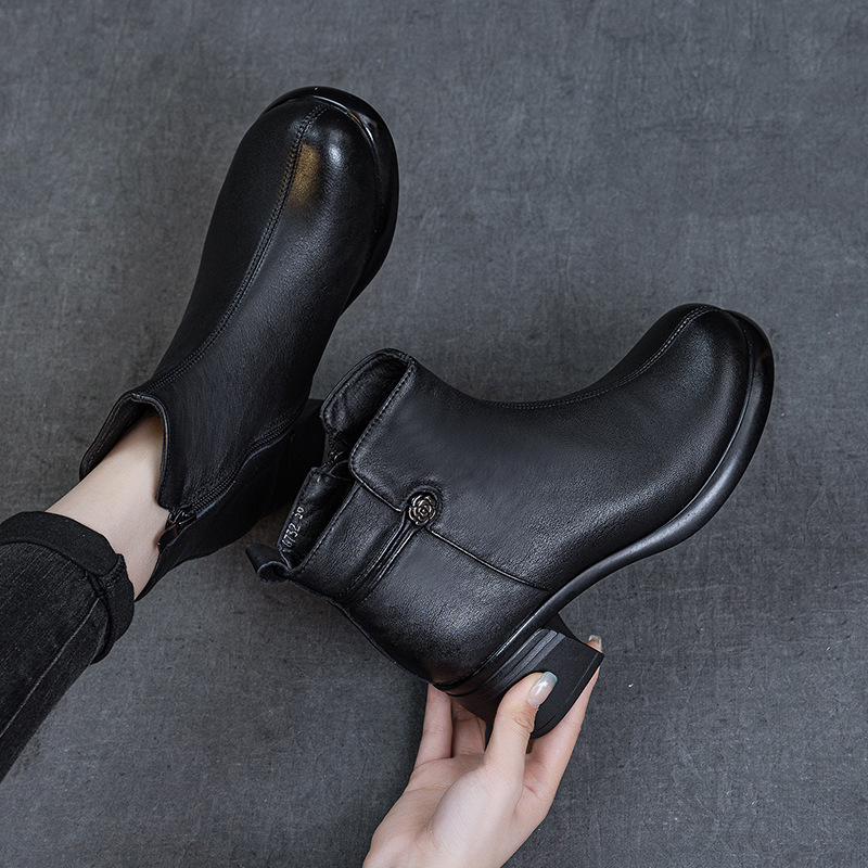 First-Layer Cowhide Mid-Heeled Women's Cotton Shoes, Soft Sole, Non-Slip, Retro, Simple, Versatile Martin Boots, Autumn and Winter New Low-Cut Boots