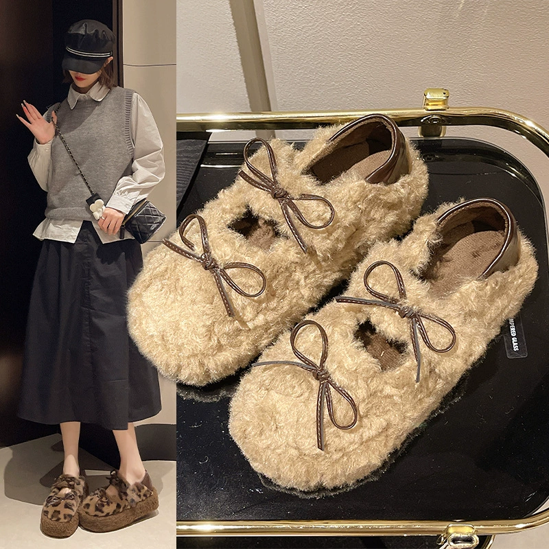 Двойная бантик Двойная шерстяная обувь 2024 Женская осень и зимняя мода дикая подошва носить хлопчатобумажную обувь