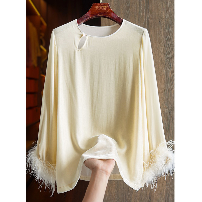 299 creamy-white silk velvet cuff ostrich feather shirt female, S M L XL XXL, Shenzhen Nanyou!