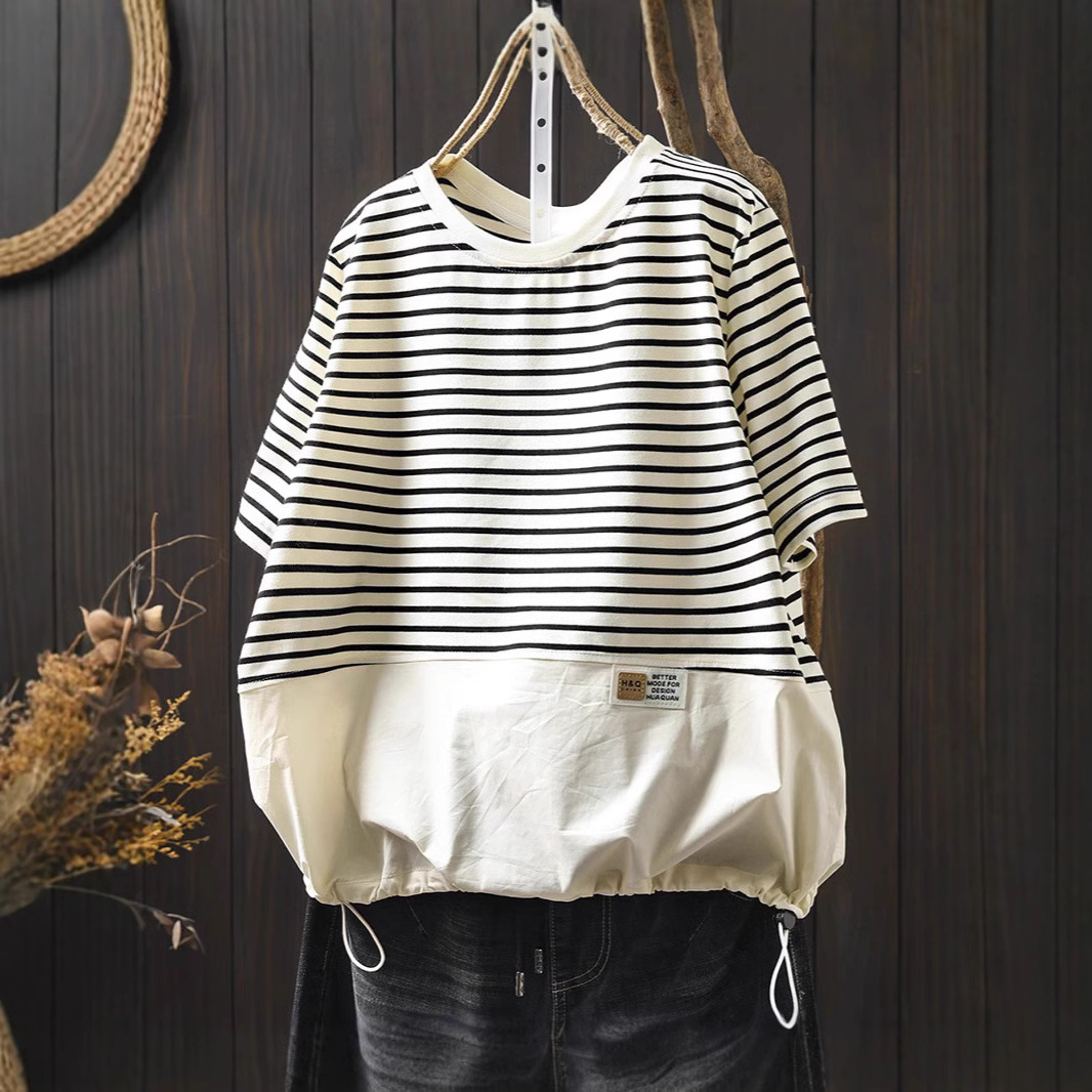 2026 Summer New Style Artistic Striped Patchwork T-Shirt for Women, Loose Fit, Large Size, Drawstring Hem, Round Neck, Short Sleeve Top