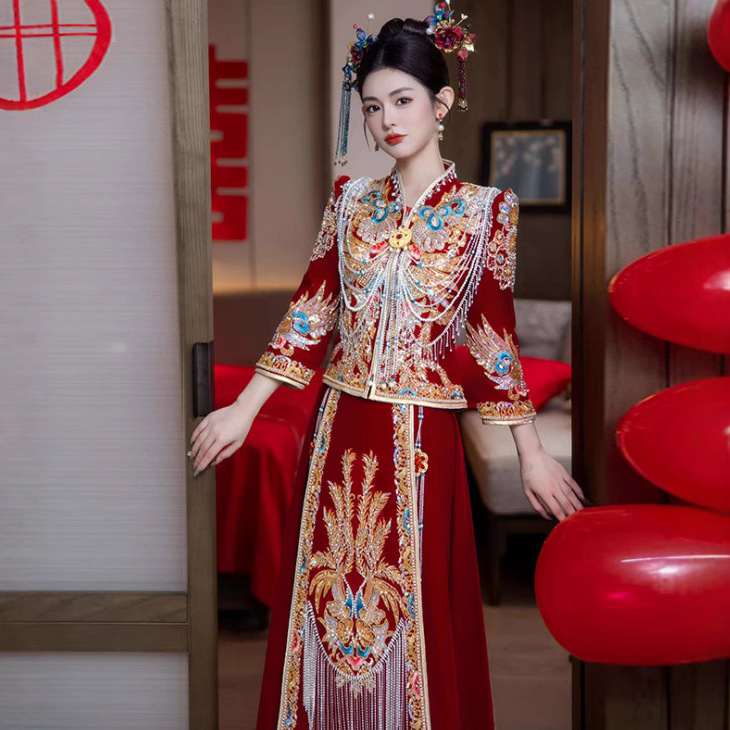 V-Neck Velvet Xiuhe 2026 New Style New Chinese-Style Wedding Dress, Toast Dress, Plus-Size Tassel Style Wedding Gown