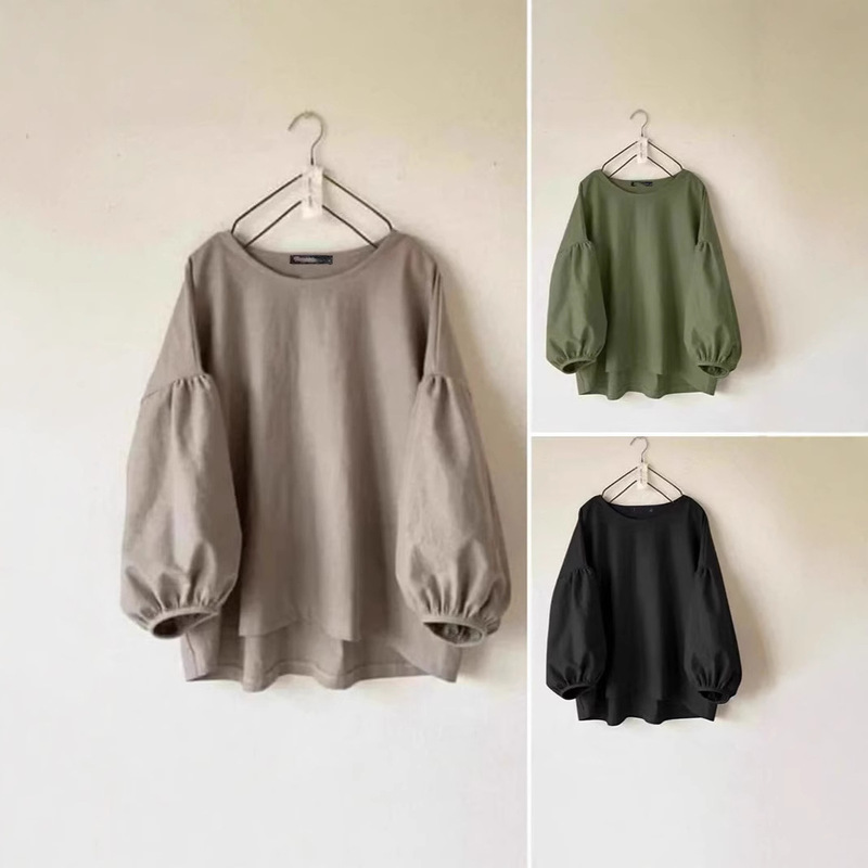 Cross Border 2025 Women Loose Vintage Shirt Casual Solid Color Round Neck Puff Sleeve Work Shirt