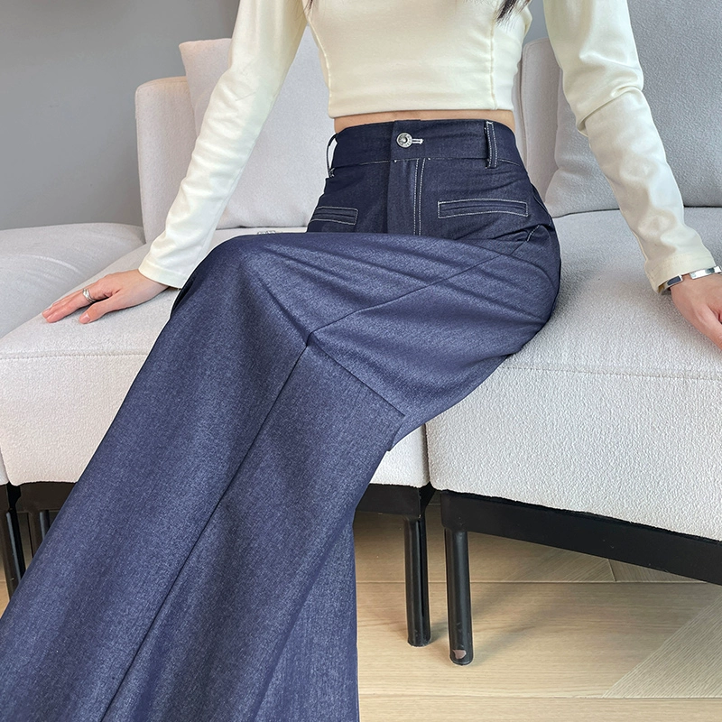Темно-синие брюки-костюм, джинсы из тенселя, женские весенне-летние тонкие брюки 2025 года, новые широкие брюки длиной до пола с высокой талией и драпировкой