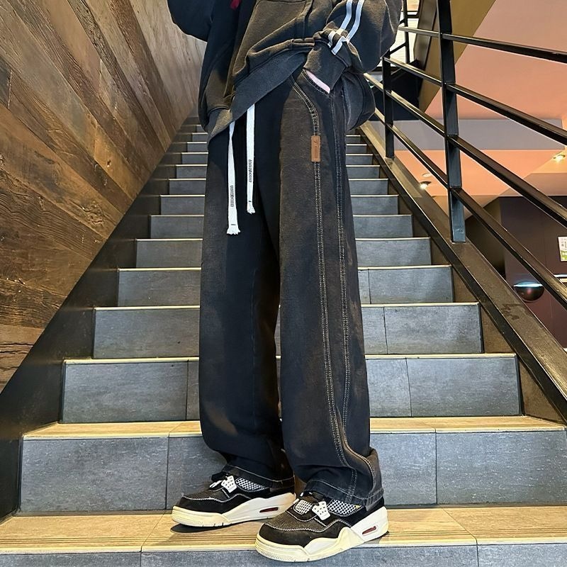 ウォッシュド加工のライトデニムジーンズ メンズ 秋新作 ストレート ルーズ ワイドレッグ カジュアルパンツ ユース向け|undefined