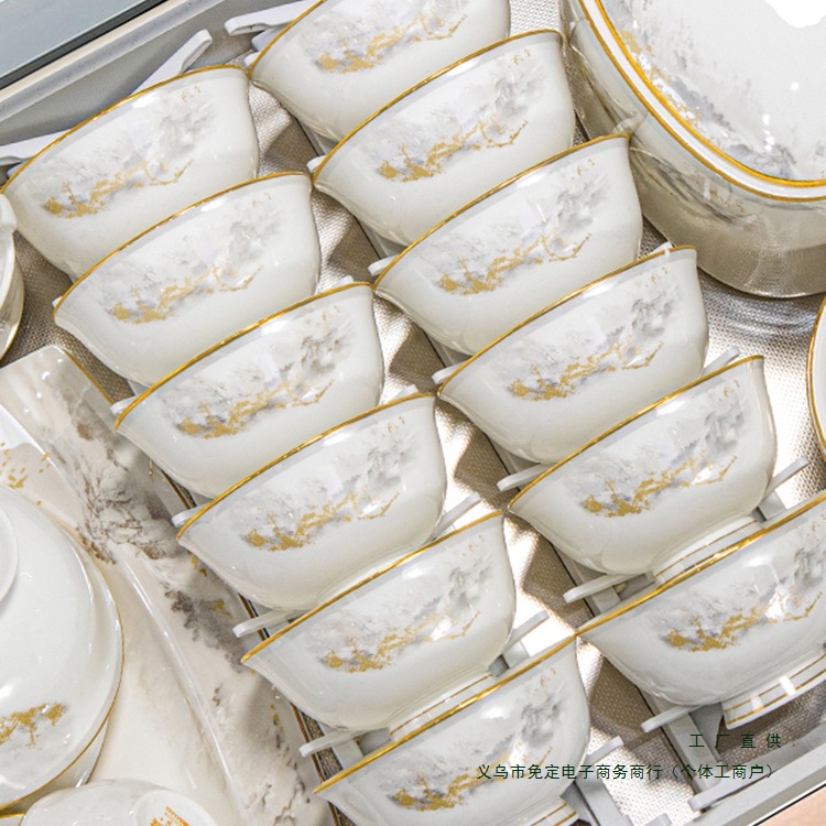 Jingdezhen New Household Dishware Set Chinese Style High-Value Ceramic Bone China Tableware Set Bowls and Plates for Moving into a New Home