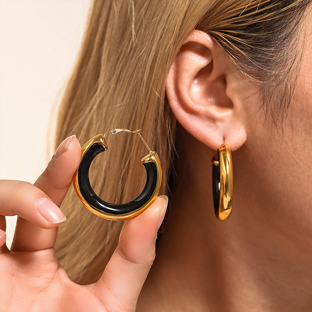 Square Sugar Jewelry INS Wind Circle Dripping Oil Exaggerated Earrings Female Stainless Steel Color Preserving Non Allergic_voghion.com