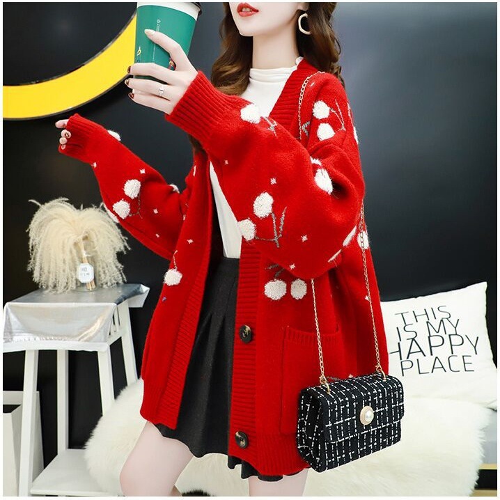 Suéter de viento perezoso chaqueta de mujeres otoño y invierno 2025 nueva moda suelta jacquard de cereza cardigan de punto largo medio image 1