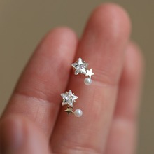 五角星锆石耳钉纯银耳饰ins风百搭镀14K金星星珍珠耳钉女热卖新款