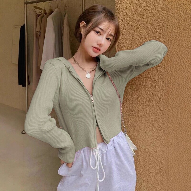 山东即墨双拉链灰色长袖卫衣女春秋连帽开衫洋气显瘦短款螺纹外套|undefined