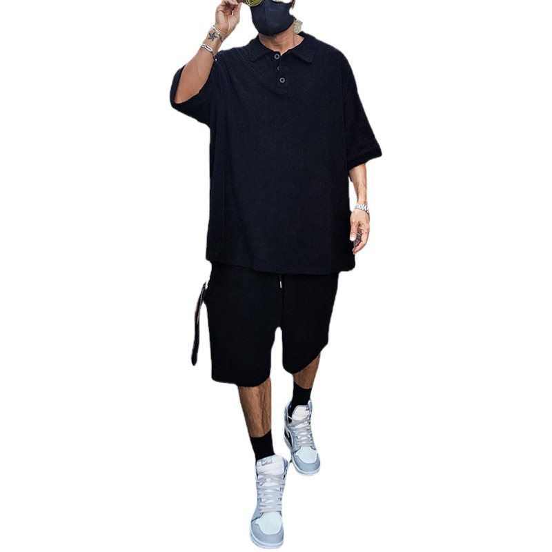 Camiseta de solapa de los hombres transfronterizos camisa de polo traje deportivo Toalla de verano para hombres pantalones cortos de manga corta sueltos conjunto de dos piezas