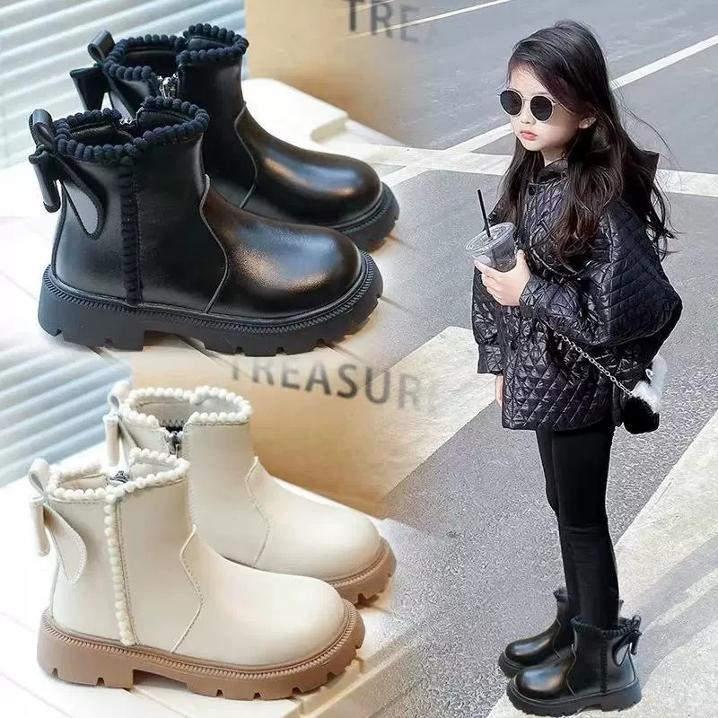 Girls' Short Boots 2026 Autumn and Winter New Style Kidsren's Soft-Soled Princess Boots for Older Kidsren British Style Plus Velvet Leather Boots
