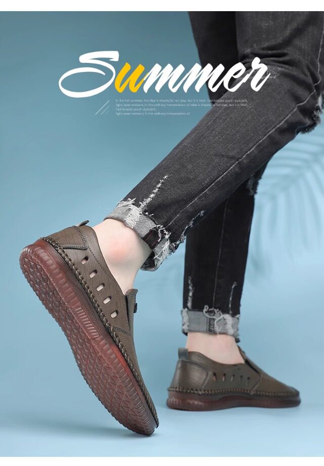 Giày sandal nam da lười khoét lỗ đế bằng chống trượt thoáng khí — Màu kaki, màu đen chi tiết 5