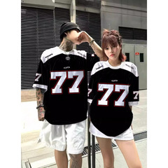 国境を越えたアメリカの高街球服hiphop球衣丸襟ゆるいカジュアルな半袖プリントtシャツ男女モデル