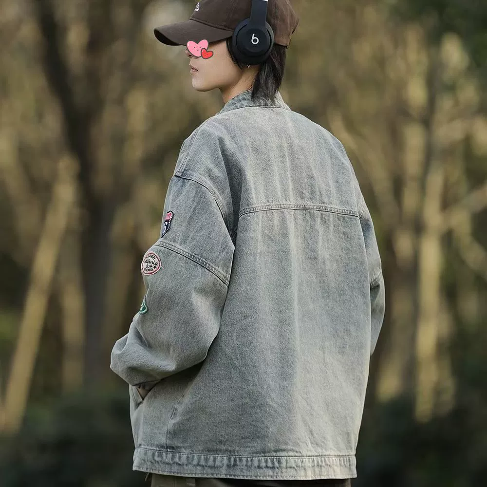 Denim retro jacket, universal trend patch, American style, with embroidery, oversize