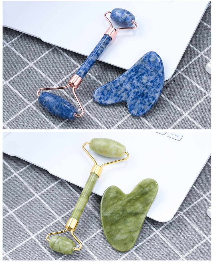 Wholesale natural jade powder crystal cylinder scraping board massage rod face roller jade set universal for full body