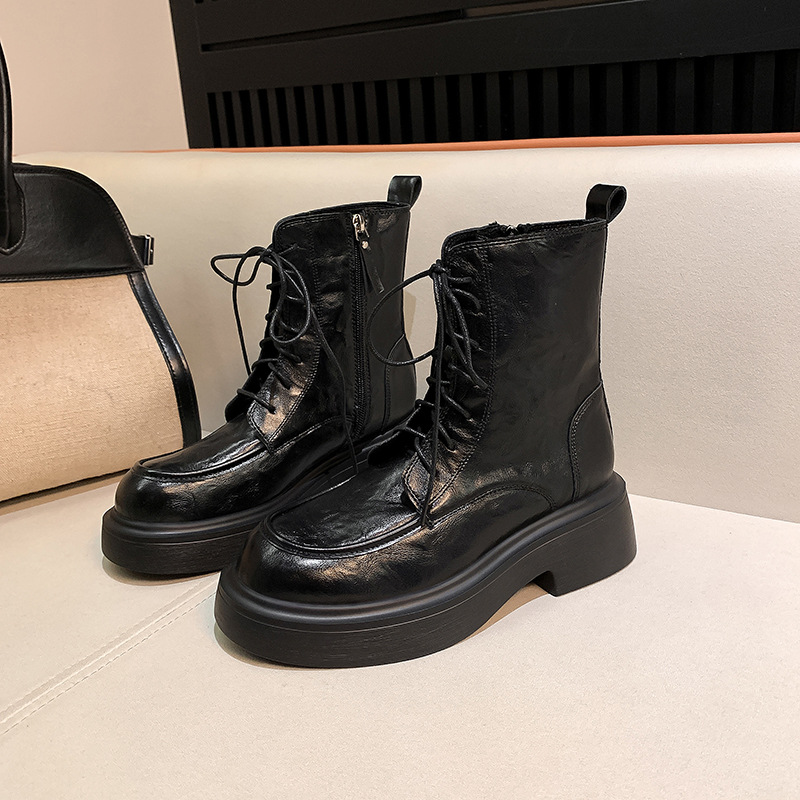 Nuevo estilo de otoño e invierno, botas Martin sicilianas con punta redonda, suela gruesa que aumenta la altura, con cordones y cremallera lateral para mujer