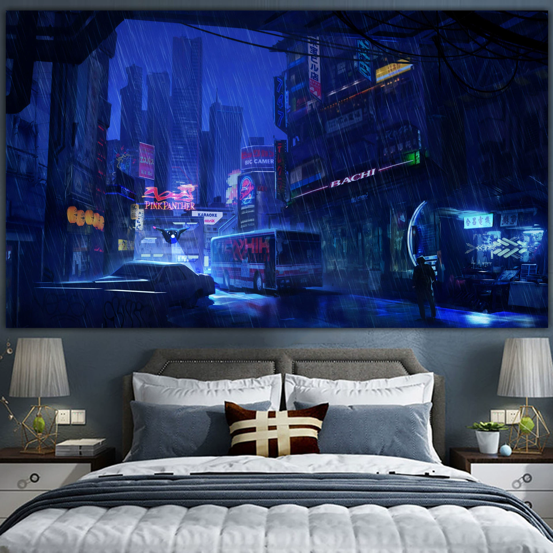 Постер cyberpunk неоновый город, размеры 38×65 см, 85×155 см, 110×200 см
