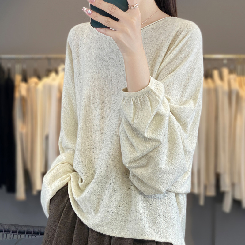 Spring summer woolen knitted sweater with a round collar