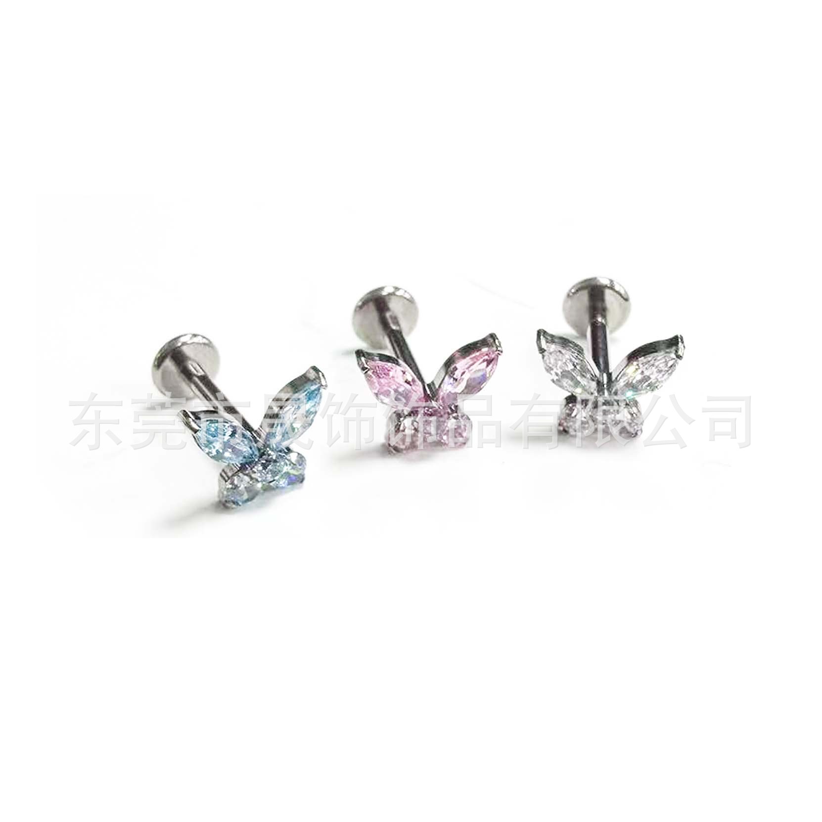 F136 Titanium Studded 五 Diamond Butterfly Ear Stud Cubic Zirconia Labret Stud G23 Implant Grade Titanium Piercing Jewelry Helix Cartilage Stud 风
