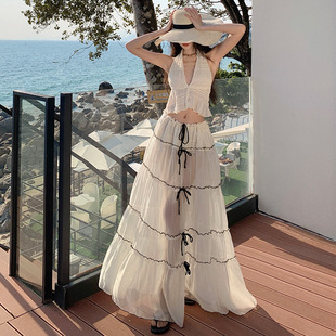 NALYSA French Style Vacation Style V-neck Top Large Skirt Skirt Two-piece Set Women's Summer Beautiful Beach Skirt