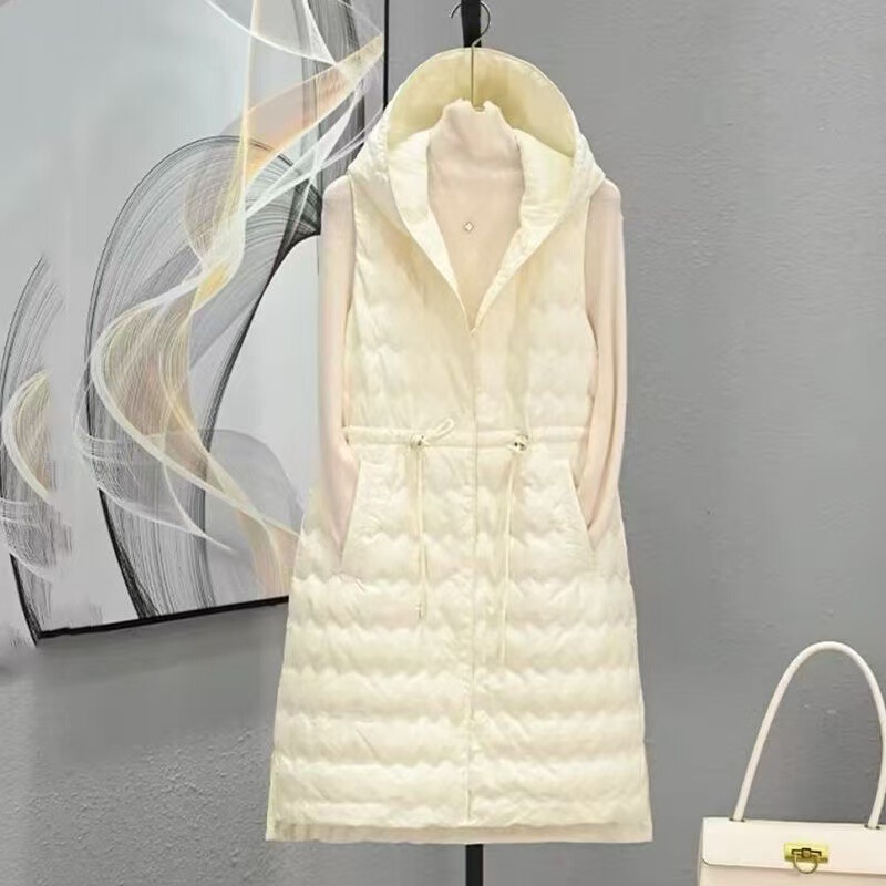 Foreign Trade Pure Color Liner Women's Waist Mid-Length Lightweight Hooded Inner Vest Vest Vest Winter Outer Wear Fashionable