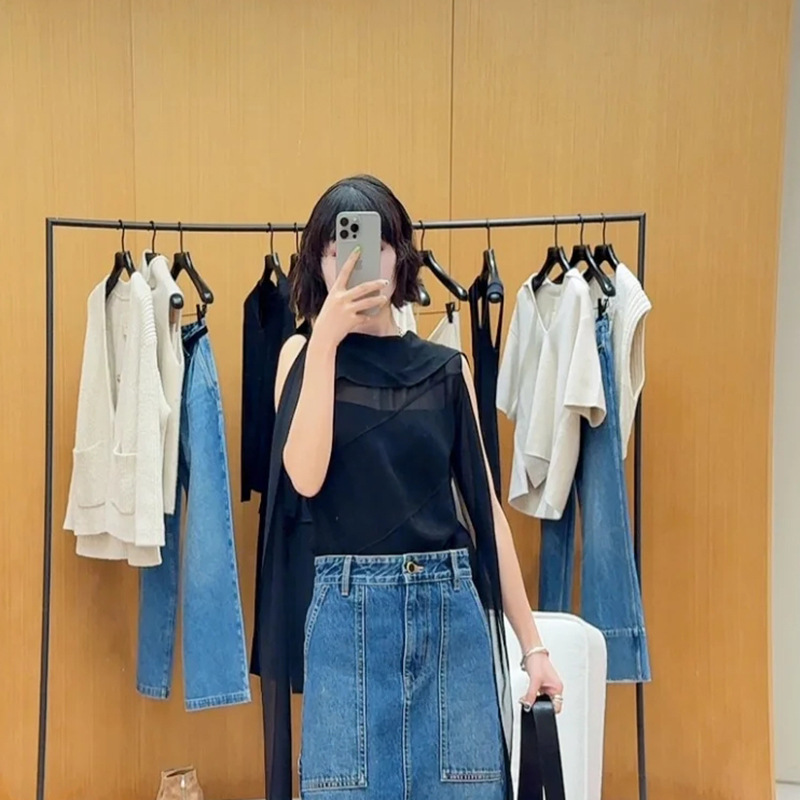 Korean Style Simple Structure Line Flutter Collar Slimming Slightly Sheer Vest Sexy Slimming Petite Sleeveless Sun Protection Top